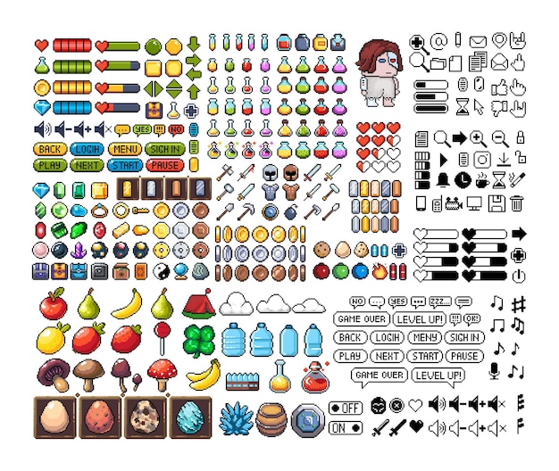 Set of 8bit pixel graphics icons isolated vector illustration game art pixel art props retro