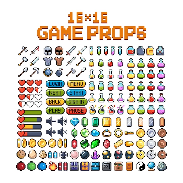 Vector set of 8bit pixel graphics icons isolated vector illustration game art weapons jewelry potions