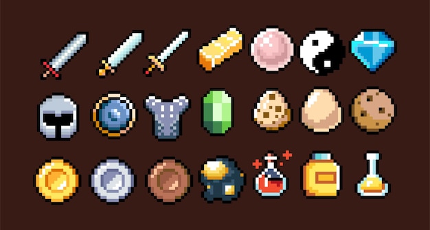 Set of 8bit pixel graphics icons isolated vector illustration game art weapons jewelry potions