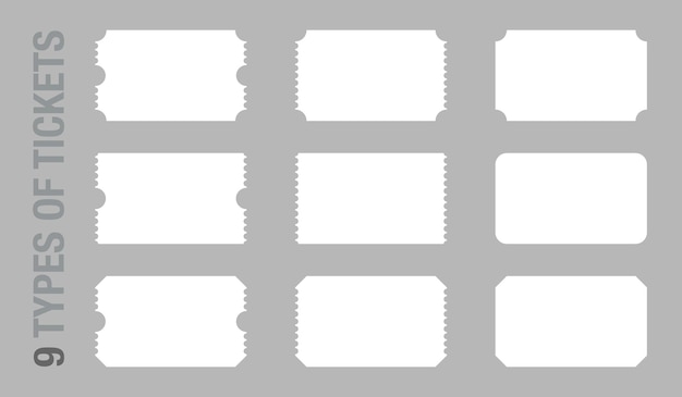 Набор из 9 пустых или пустых шаблонов билетов на концерт в кинотеатре и купоны на скидку на посадку