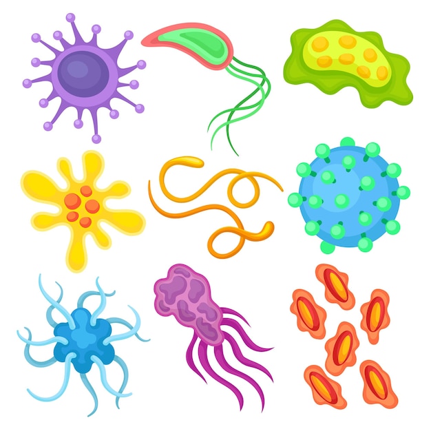 Set of 9 different dangerous viruses Pathogenic bacteria Biology microorganism Science and medicine theme Graphic elements for educational book Flat vector design isolated on white background