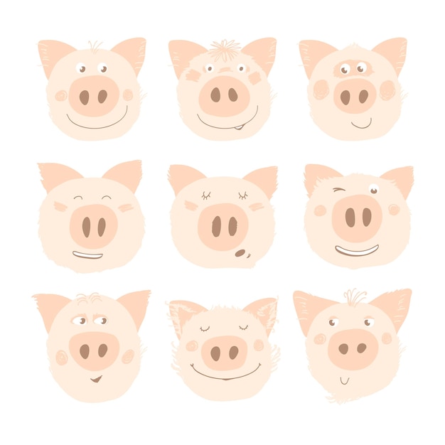 Vector set of 9 faces of funny pink piglets