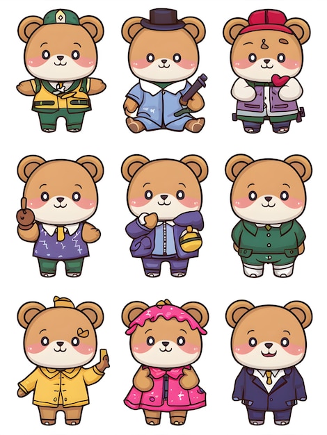 Set of 9 Kawaii Bear Stickers Clipart Cute Bear Designs