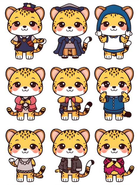 Set of 9 Kawaii Cheetah Cub Stickers Clipart Cute Cheetah Cub Designs