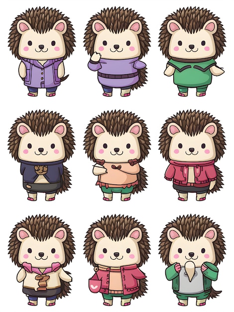 Set di 9 adesivi kawaii per ricci clipart con disegni carini di ricci