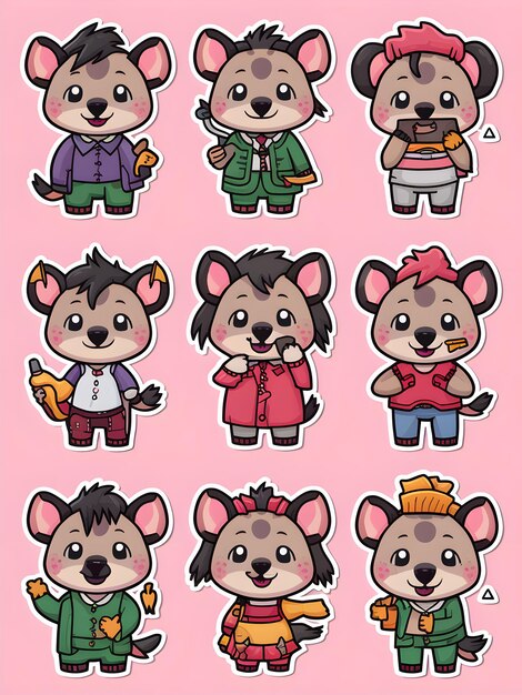 Set of 9 Kawaii Hyena Stickers Clipart Cute Hyena Designs