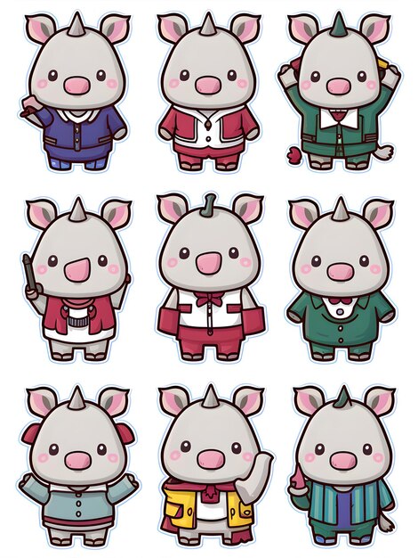 9개의 카와이 코소 스티커 세트 (Clipart Cute Rhino Designs)