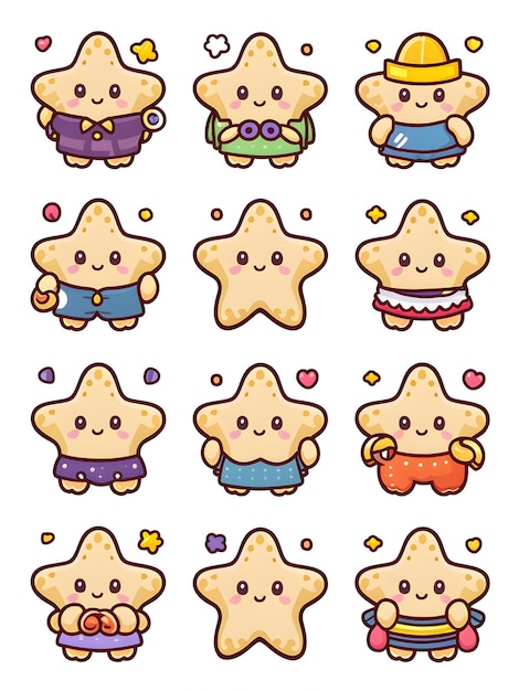 Set of 9 Kawaii Starfish Stickers Clipart Cute Starfish Designs