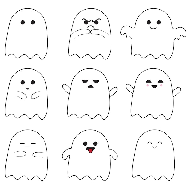 set of 9 simple cute white ghost character, simple flat ghosts, cute Halloween ghosts