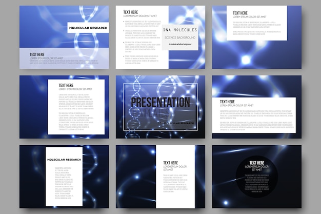 Set of 9 templates for presentation slides. dna molecule structure on dark background.