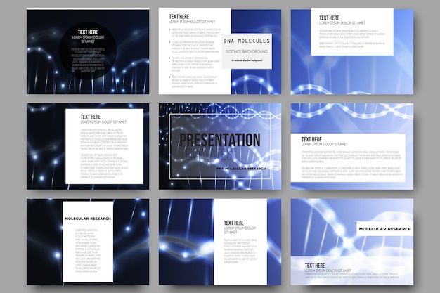 Vector set of 9 templates for presentation slides. dna molecule structure on dark background.