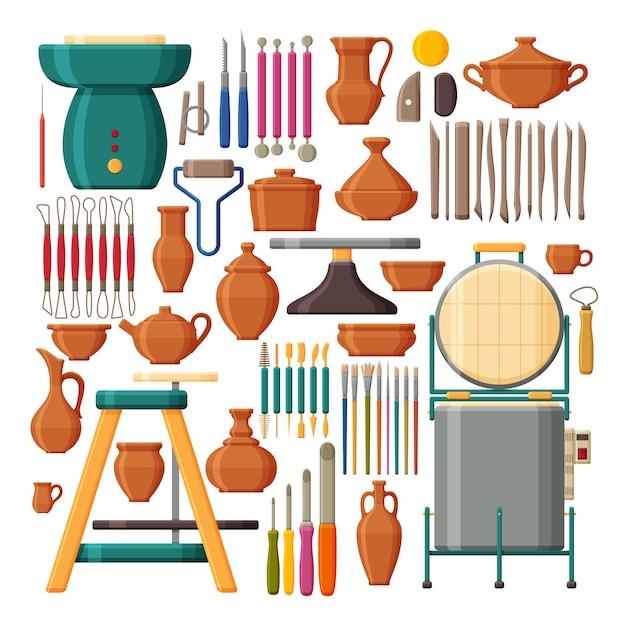 Set aardewerkgereedschap en apparatuur. Collectie serviesgoed van klei.