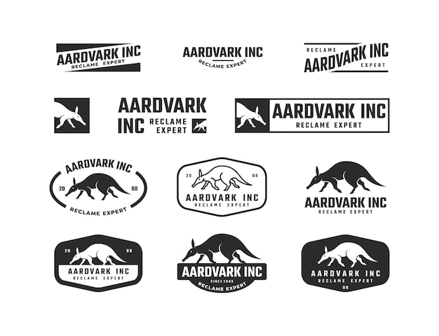 Una serie di modelli di logo aardvark in bianco e nero vettore