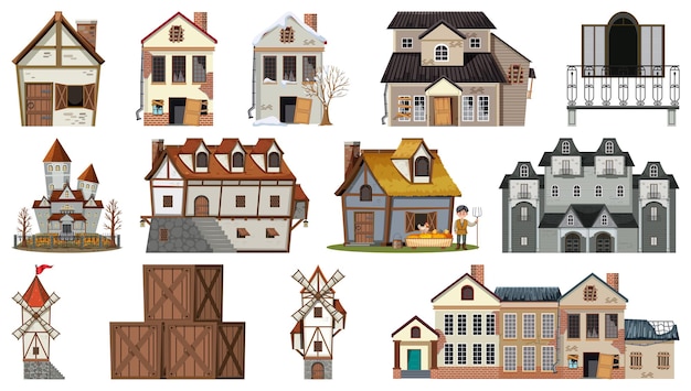 Vector set of abandoned houses and buildings