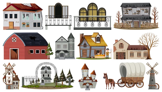 Vector set of abandoned houses and buildings