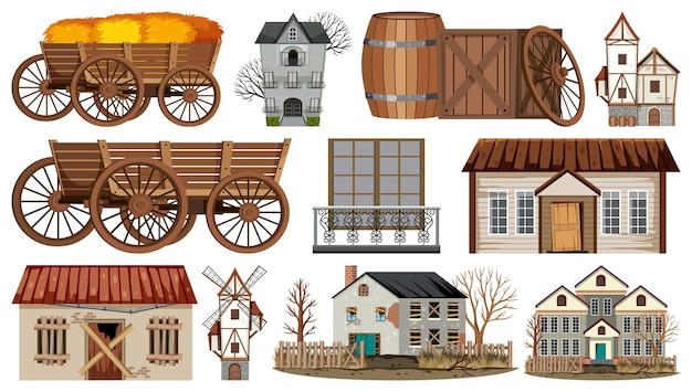 Vector set of abandoned houses and buildings