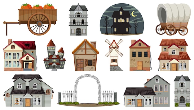 Vector set of abandoned houses and buildings