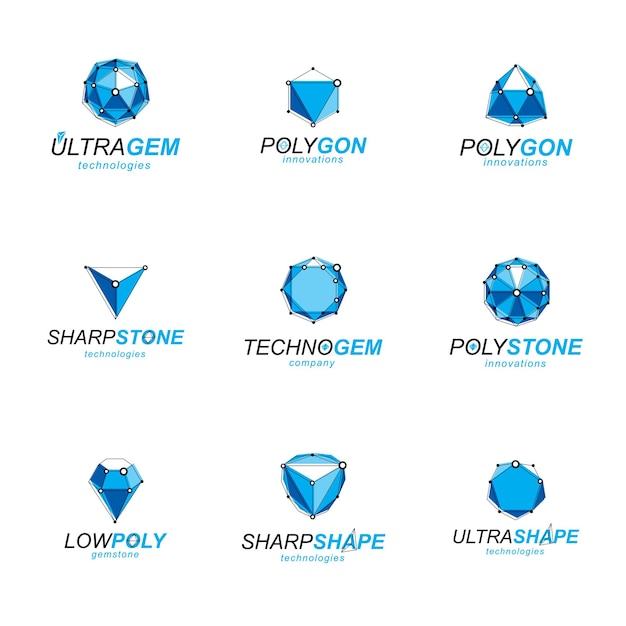 Set di figure a sfaccettature 3d astratte con linee collegate. collezione di elementi di design a basso poli vettoriale. set di segni di gioielli brillanti per l'uso nel concetto di progettazione pubblicitaria.