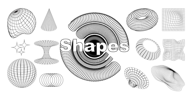 Set of abstract 3d geometric shapes and trendy geometric shapesPsychedelic techno style concept Y2