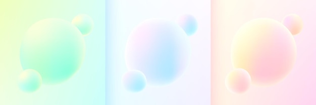 Set of abstract 3D liquid fluid blue pink green yellow background Minimal sphere bubble balls flying