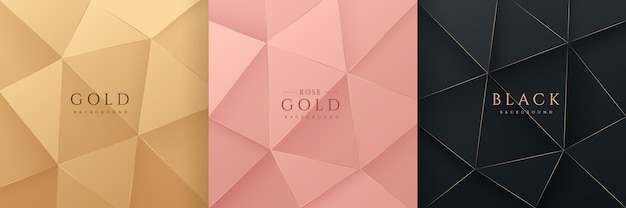 Set of abstract 3D luxury gradient golden Pink gold and Black low polygonal modern design