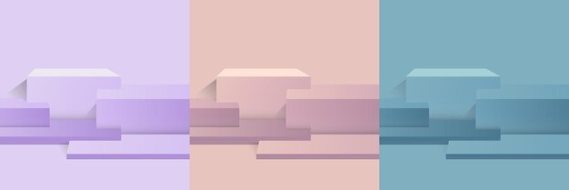 Vector set of abstract 3d room with cube steps pedestal podium set pastel minimal scene for product display presentation vector geometric platform design stage for showcase vector illustration