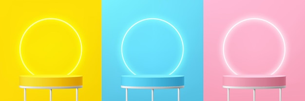 Set of abstract 3d white shelf or stand podium on yellow blue pink wall scene with neon ring