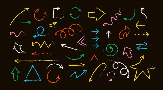 A set of abstract arrows drawn by hand Brush stroke style Colored lines in doodle style