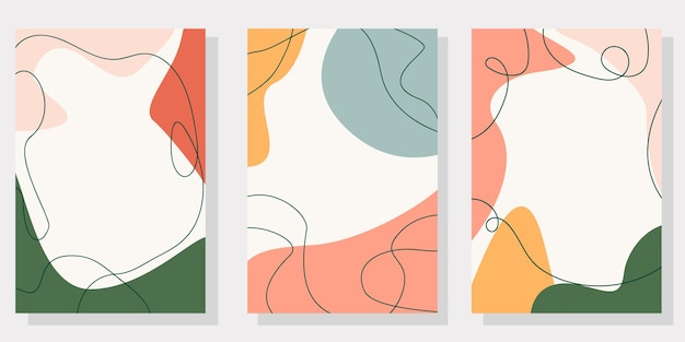 Set of abstract backgrounds with organic shapes and hand draw line in pastel colors