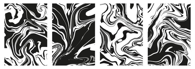 Vector set of abstract black marble or epoxy textures on a white background. prints with graphic stylish liquid ink stains. trendy backgrounds for cover designs, invitations, case, wrapping paper.