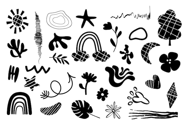 Set abstract black and white hand drawn elements shapes