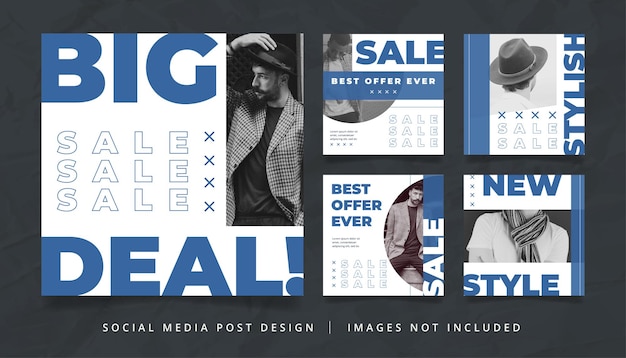 Vector set of abstract blue fashion flyer or social media banner with big headline