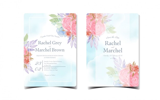 set of abstract blue floral wedding invitation with beautiful red and blue flowers
