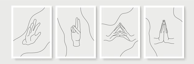 set of abstract boho style posters with hand gesture