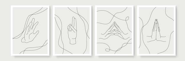 set of abstract boho style posters with hand gesture