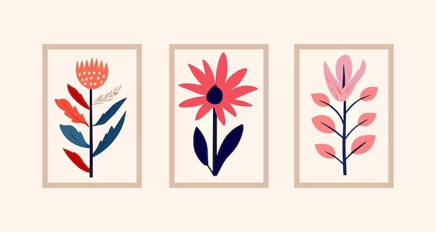 Vector set of abstract botanical wall art design template in vintage and boho style