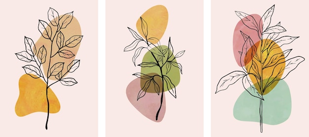 Set of abstract botanical wall art with abstract leaves.