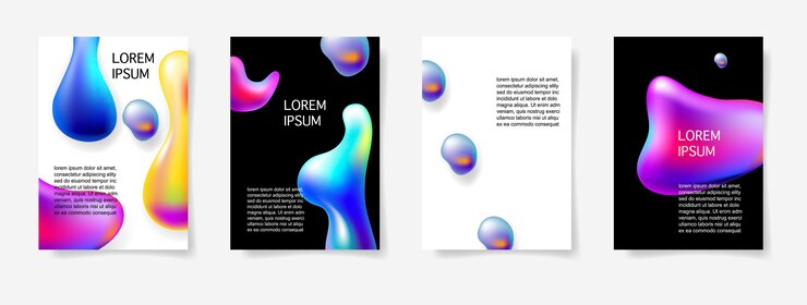 Vector set of abstract bright colorful plasma drops shapes pattern on white and black background for banner, card, poster, web design, vector illustration collection