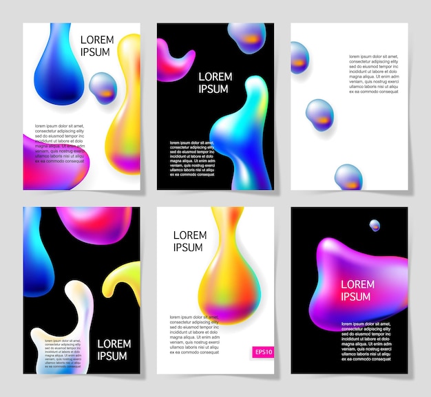 Vector set of abstract bright colorful plasma drops shapes pattern on white and black background