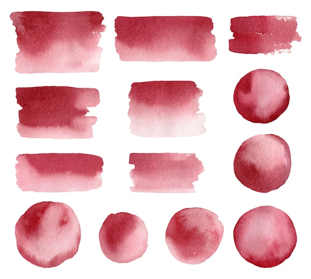 Set of abstract burgundy watercolor stains and brushstrokes