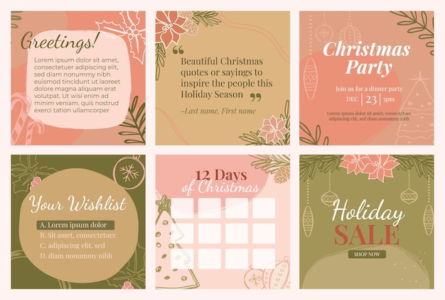 Vector set of abstract christmas square template for social media