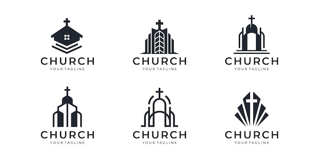 Set of abstract church logo Cross on Top Tower Roof Building for Christian Church Community