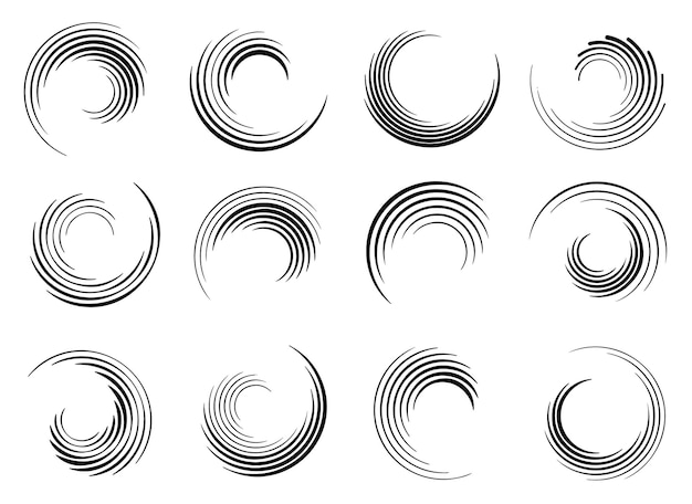 Set of abstract circle shapes for design Radial rotating lines Symbol of ripple effect Vector des