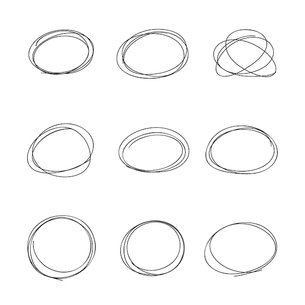 A set of abstract circular frames selection lines strokes drawn manually isolated on a white