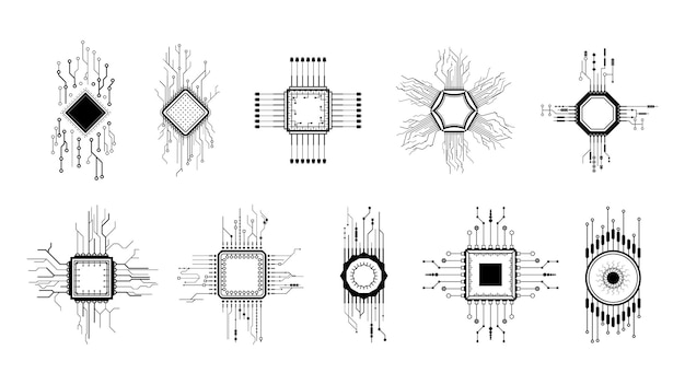 Вектор Абстрактная коллекция черная простая линия cpu компьютерная технология doodle outline set element vector