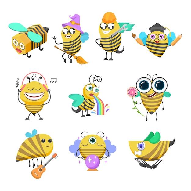 Vector set abstract collection flat cartoon animal insect beetle bee fly honey yellow animal vector design