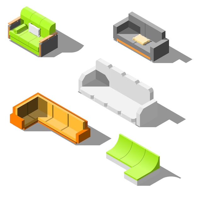 Set Abstract Collection Isometric 3D Furniture Sofa Equipment Appliances Element With Pillows Vector