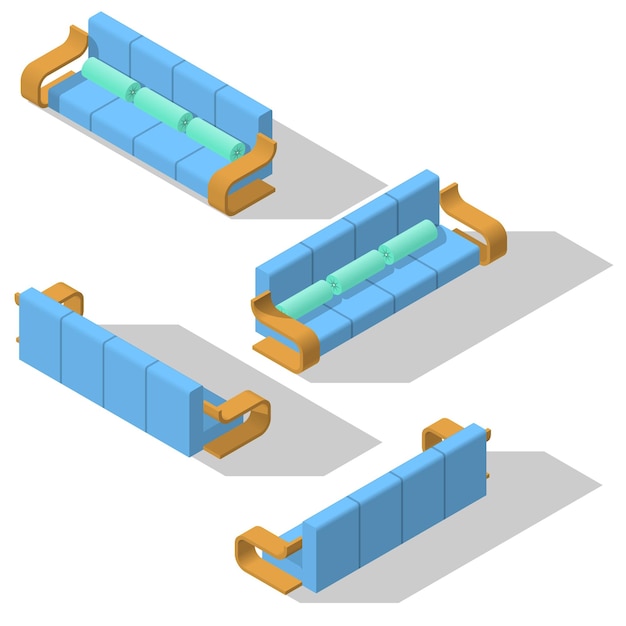 Набор абстрактной коллекции изометрической 3d мебели диван оборудование бытовая техника элемент с подушками вектор