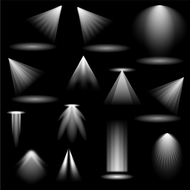 Set Abstract Collection Lights Spotlight Glow Light Flare Shine Flashes On A Dark Background Vector