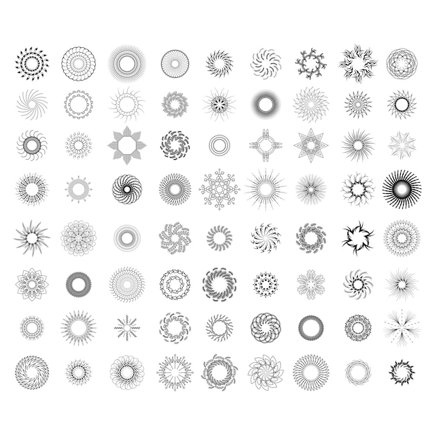 추상 컬렉션 라운드 서클 항성 햇살 일몰 블랙 라인 낙서 디자인 요소를 설정